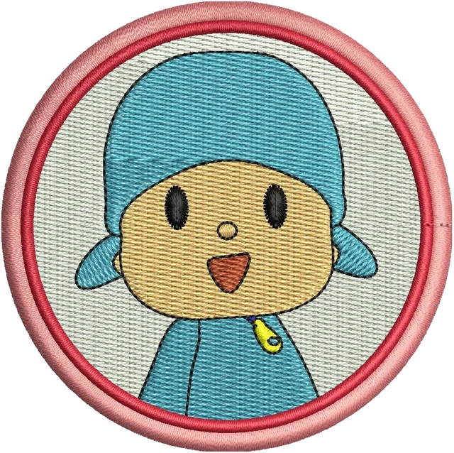 Pocoyo Smiling Portrait Round Frame Embroidery Design embroidery design shown stitched on fabric
