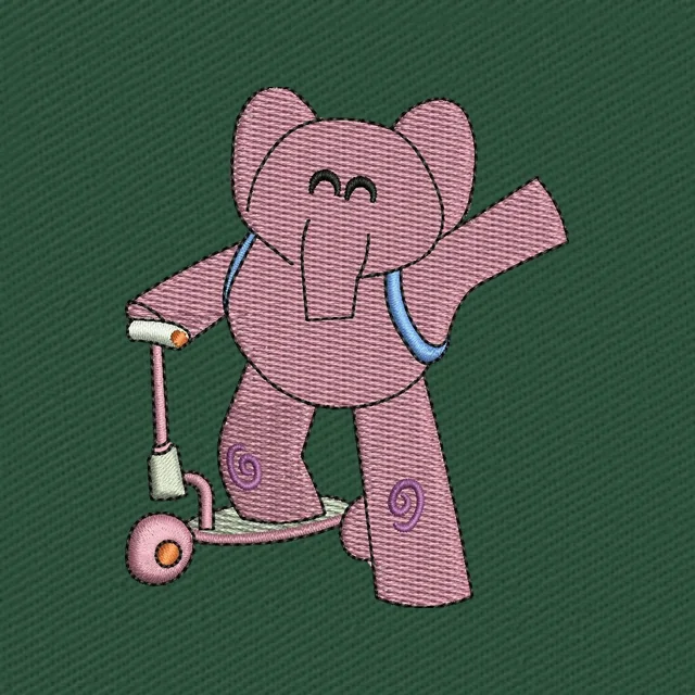 Diseño de bordado Elly de Pocoyó en patinete rosa