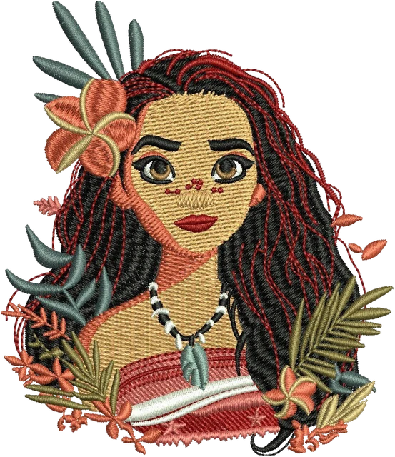 Moana Disney Tropical Floral Portrait embroidery design shown stitched on fabric