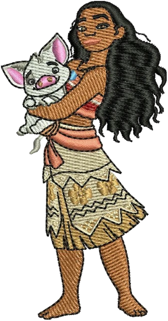 Diseño de bordado Diseño de bordado Vaiana Disney abrazando al cerdito Pua sobre tela