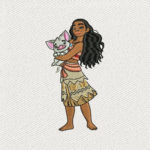 Diseño de bordado Vaiana Disney abrazando al cerdito Pua