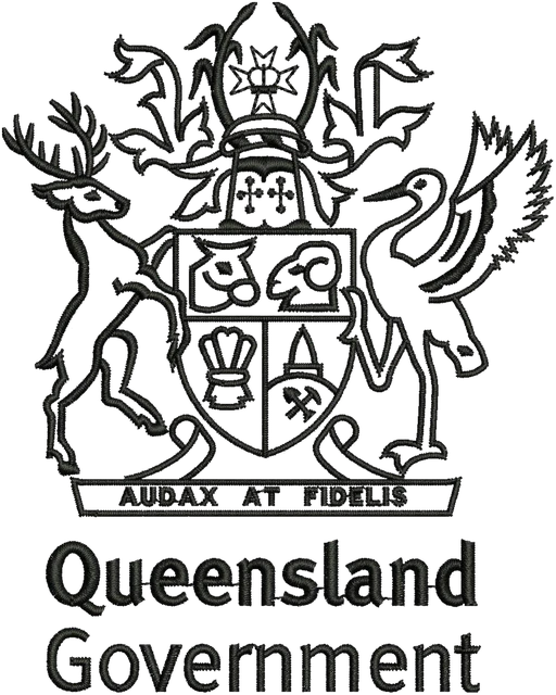 Queensland Government Coat of Arms Logo embroidery design shown stitched on fabric