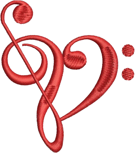 Diseño de bordado Corazón rojo de notas musicales sobre tela
