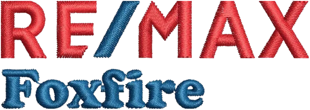 RE/MAX Foxfire Red Blue Wordmark Embroidery Design embroidery design shown stitched on fabric