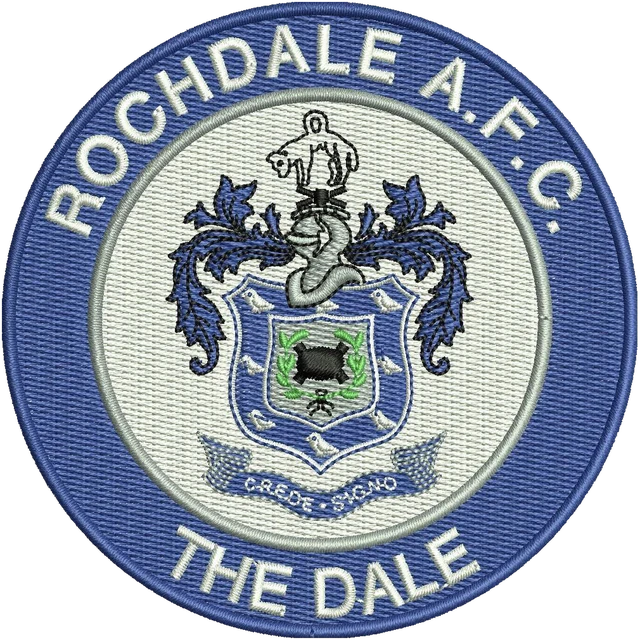 Rochdale AFC Blue Round The Dale Crest Embroidery Design embroidery design shown stitched on fabric