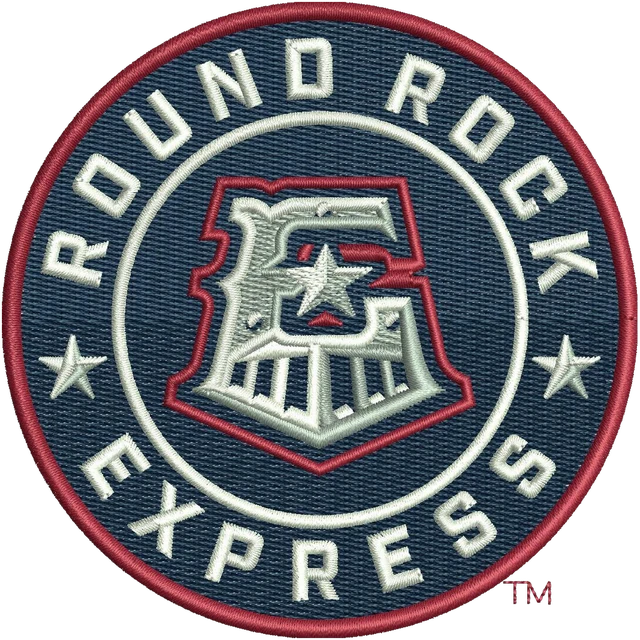 Round Rock Express Navy Round Baseball Badge Embroidery Design embroidery design shown stitched on fabric