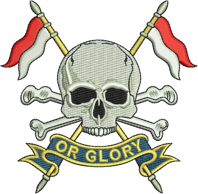 Royal Lancers Skull and Crossbones Crest Embroidery Design embroidery design shown stitched on fabric