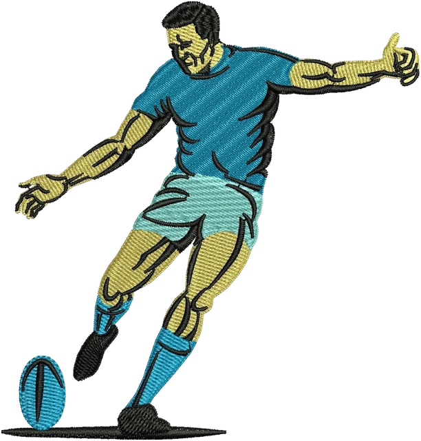 Ricamo Giocatore di rugby che calcia il pallone su tessuto
