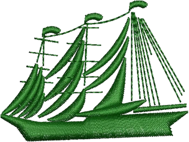 Green Three-Masted Sailing Vessel Embroidery Design embroidery design shown stitched on fabric