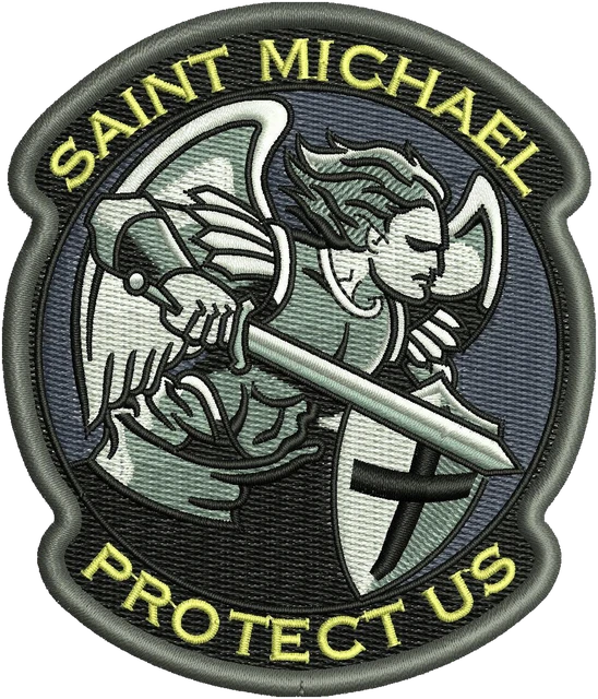 Stickdatei Saint Michael Protect Us Rundemblem auf Stoff gestickt