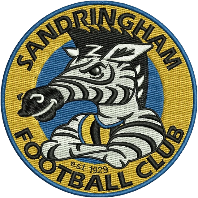 Sandringham Football Club zebra crest embroidery design shown stitched on fabric
