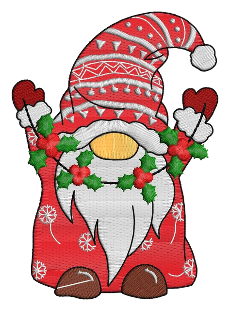 Red Christmas Gnome with a Holly Garland embroidery design shown stitched on fabric
