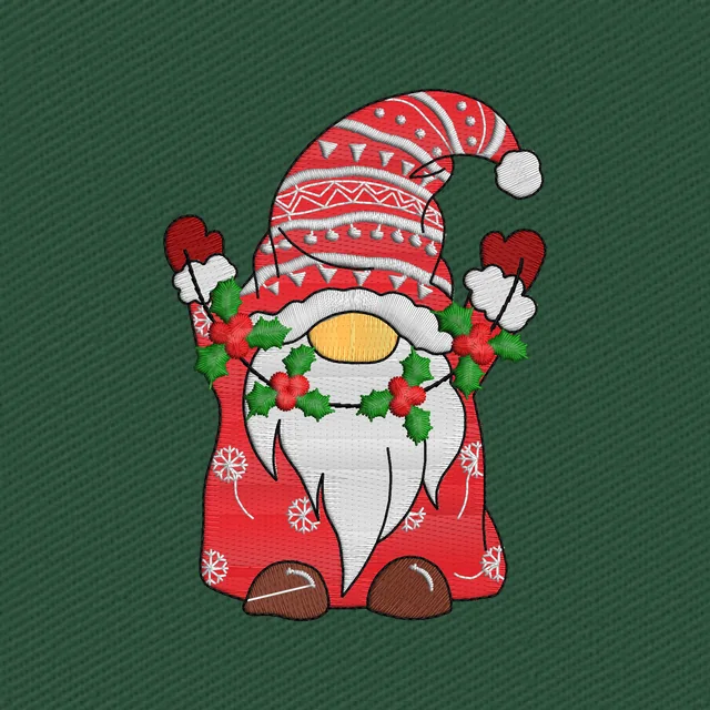 Gnomo navideño rojo con guirnalda de acebo