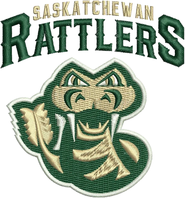 Saskatchewan Rattlers snake mascot logo embroidery design shown stitched on fabric
