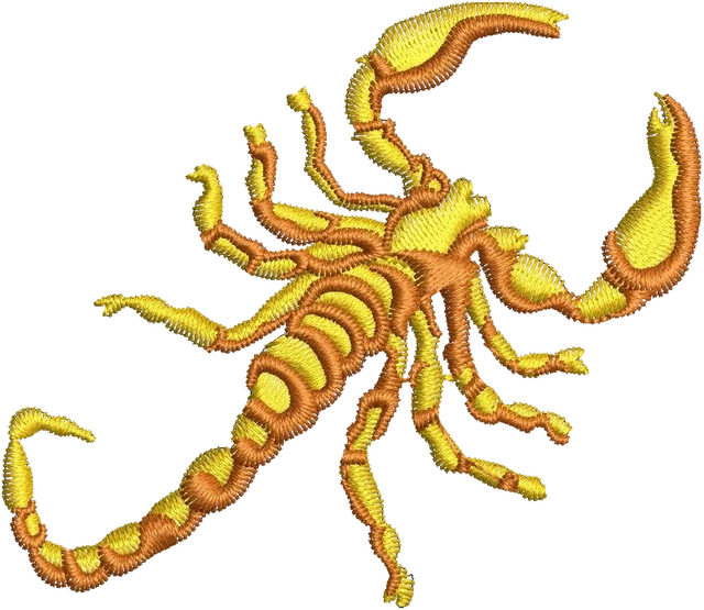 Golden Scorpion with Raised Claws embroidery design shown stitched on fabric