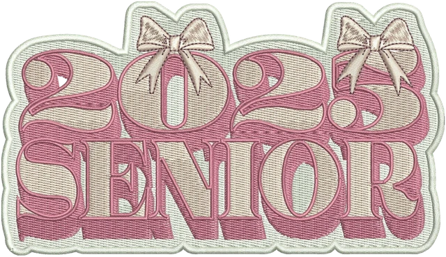 Stickdatei Senior 2025 rosa Stapelschrift mit Schleifen Stickdatei auf Stoff gestickt