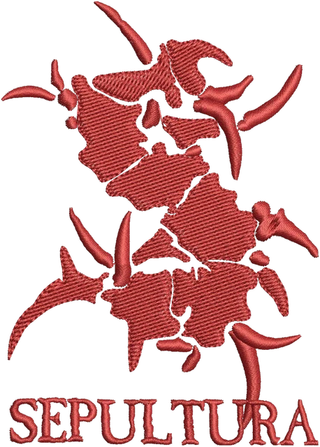 Stickdatei Sepultura rote Kriegersilhouetten Stickdatei auf Stoff gestickt