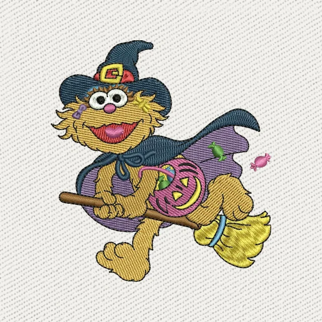 Diseño de bordado Zoe Barrio Sésamo bruja en escoba