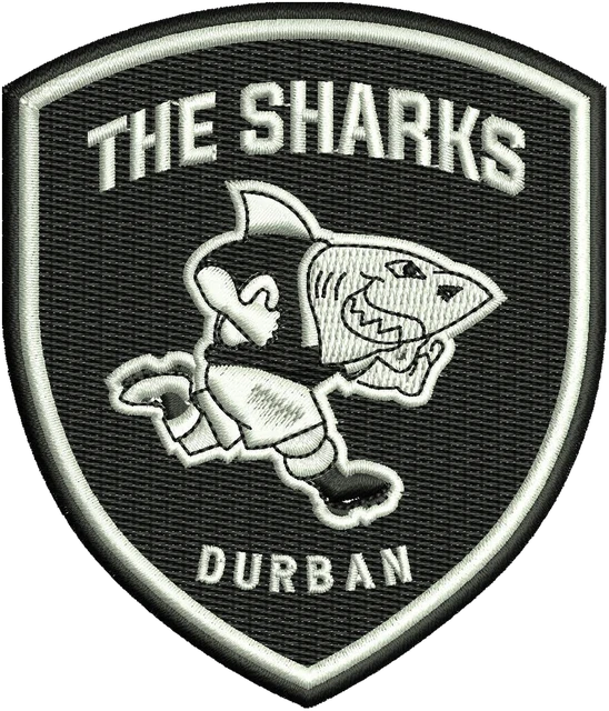 The Sharks Durban Rugby Crest embroidery design shown stitched on fabric