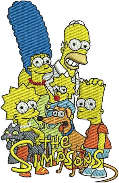 The Simpsons family group portrait embroidery design shown stitched on fabric
