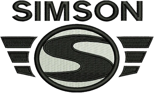 Simson Winged S Emblem and Wordmark Embroidery Design embroidery design shown stitched on fabric
