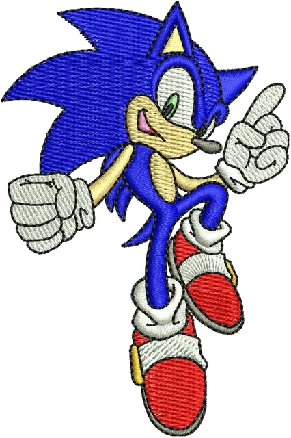 Stickdatei Sonic Adventure Laufpose mit Daumen hoch auf Stoff gestickt