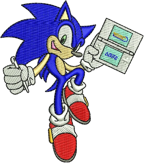 Sonic Adventure Card Pose embroidery design shown stitched on fabric