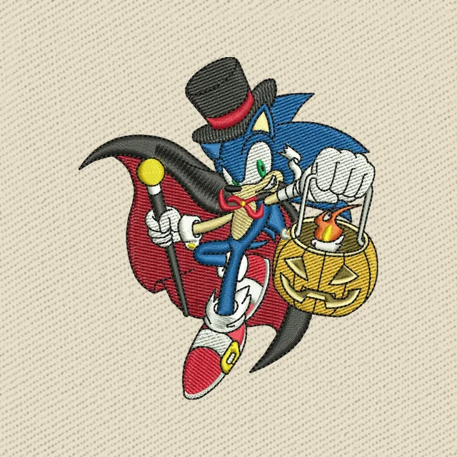 Diseño de bordado Sonic Halloween vampiro con bolsa calabaza