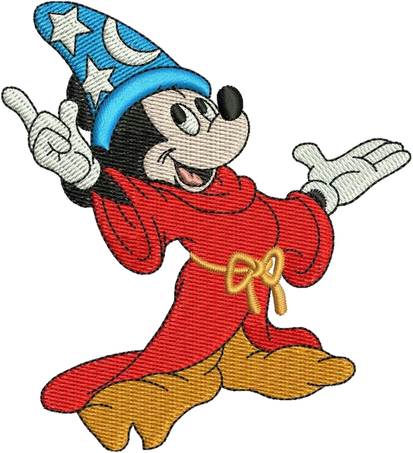 Stickdatei Zauberer Mickey mit roter Robe und Sternenhut Stickdatei auf Stoff gestickt