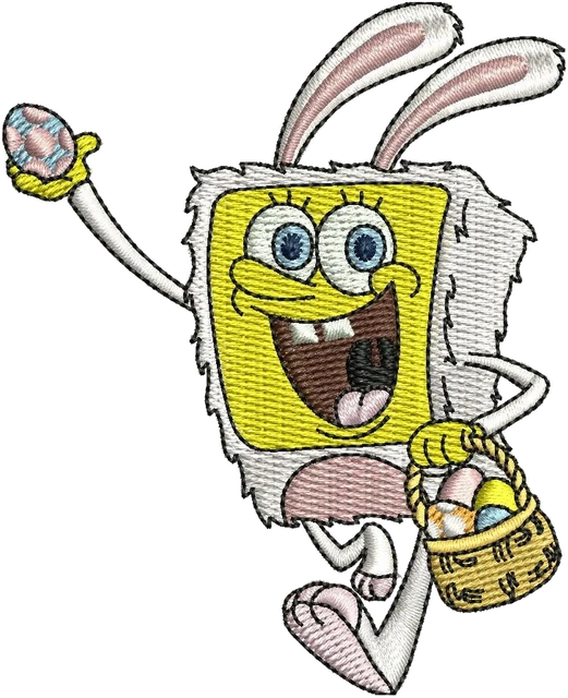 Ricamo Disegno da ricamo SpongeBob con costume da coniglio e uovo su tessuto