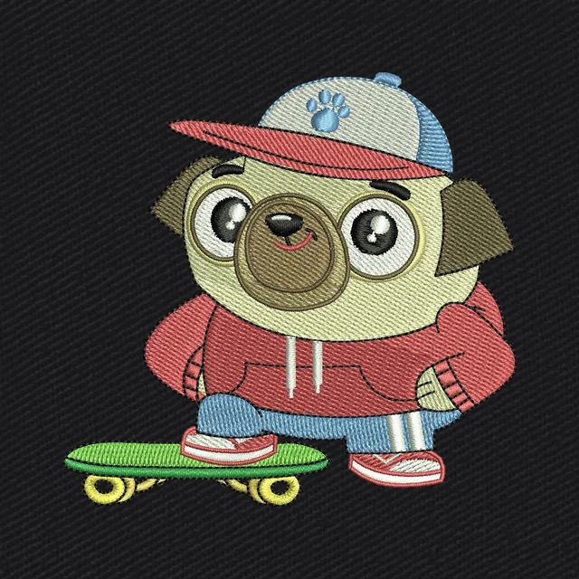 Diseño de bordado Spud con gorra junto al monopatín