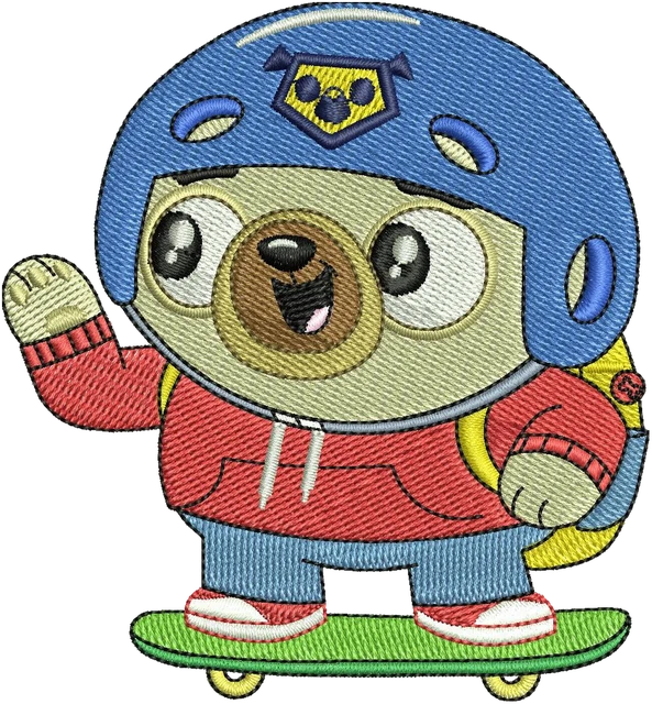 Stickdatei Spud blauer Helm und Skateboard Stickdatei auf Stoff gestickt
