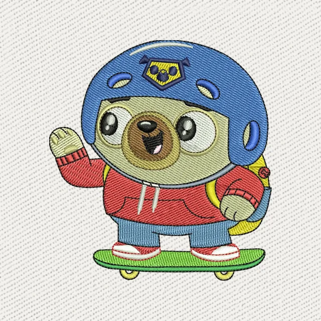 Diseño de bordado Spud casco azul y monopatín