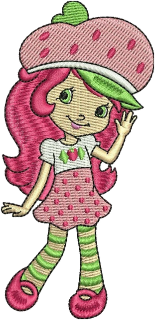 Diseño de bordado Strawberry Shortcake con traje rosa sobre tela