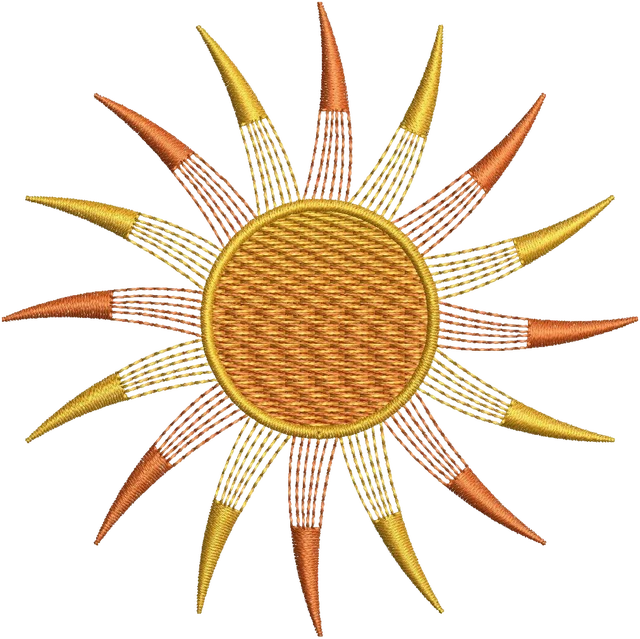 Ricamo Disegno da ricamo Sole dorato con raggi arancioni appuntiti su tessuto