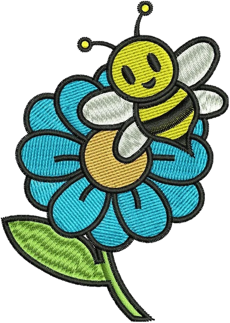 Smiling Bee on Blue Flower embroidery design shown stitched on fabric