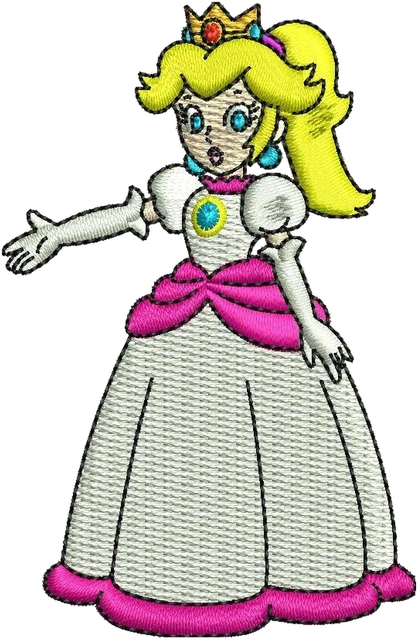 Stickdatei Princess Peach im weißen Kleid auf Stoff gestickt