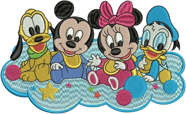 Motif de broderie Doux bébés Disney Mickey Mouse, Minnie Mouse, Pluto et Donald Duck brodé sur tissu