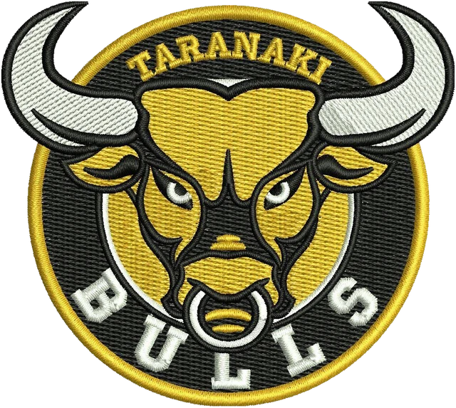 Taranaki Bulls bull crest embroidery design shown stitched on fabric
