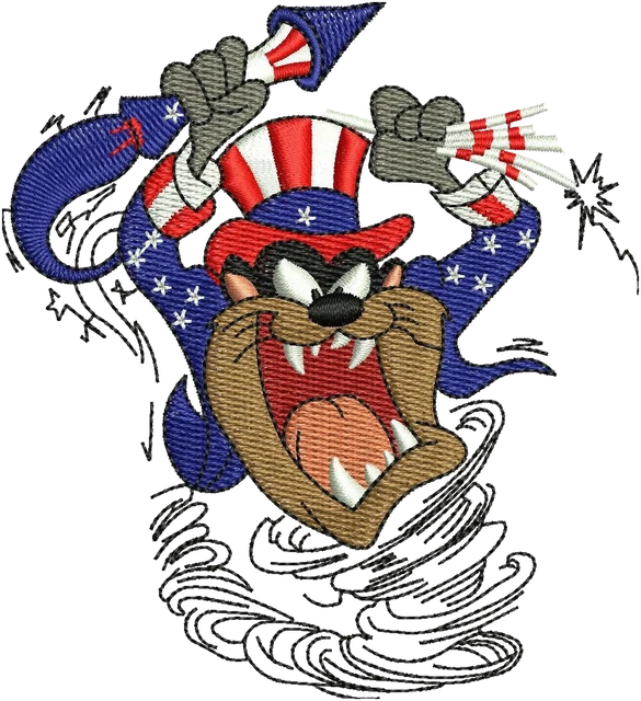 Tasmanian Devil Uncle Sam US Flag embroidery design shown stitched on fabric
