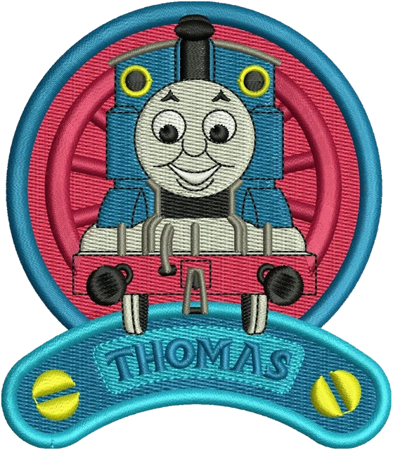 Thomas & Friends round nameplate 2 embroidery design shown stitched on fabric