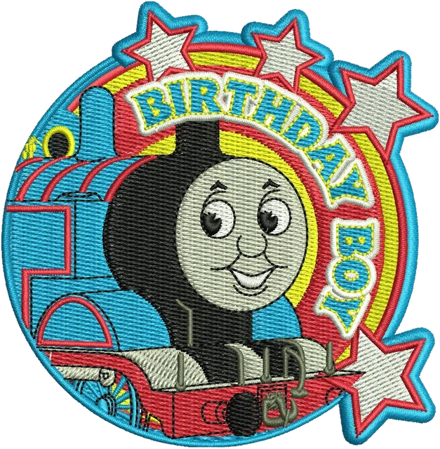 Thomas the Tank Engine Birthday Boy Badge embroidery design shown stitched on fabric