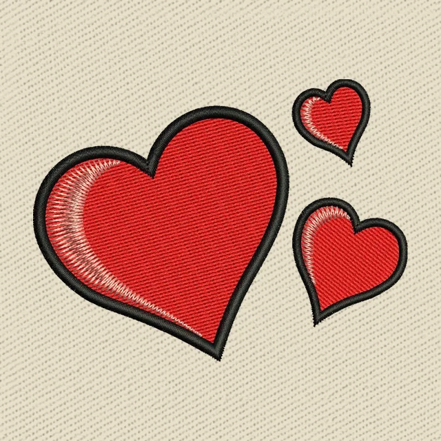 Three Red Hearts Black Outline Embroidery Design
