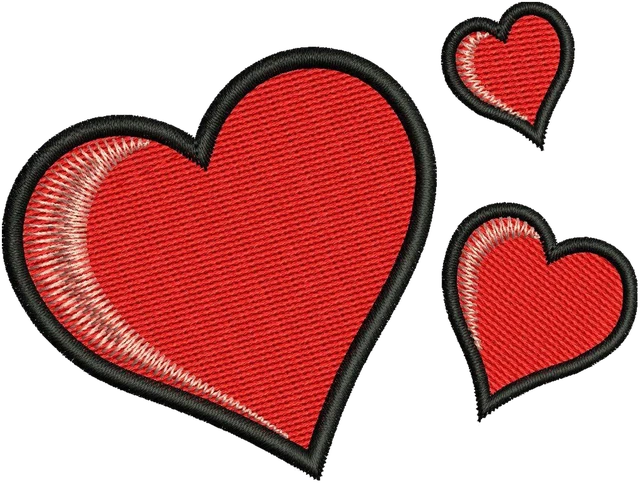 Three Red Hearts Black Outline Embroidery Design embroidery design shown stitched on fabric