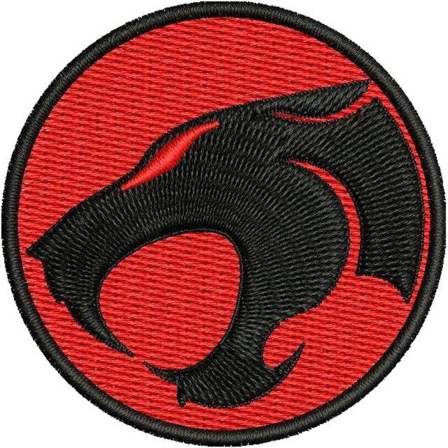 ThunderCats red-and-black cat emblem embroidery design shown stitched on fabric