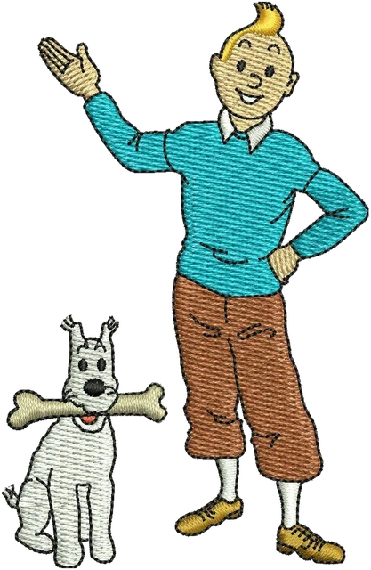 Stickdatei Tintin and Snowy Cartoon 3 Stickdatei auf Stoff gestickt