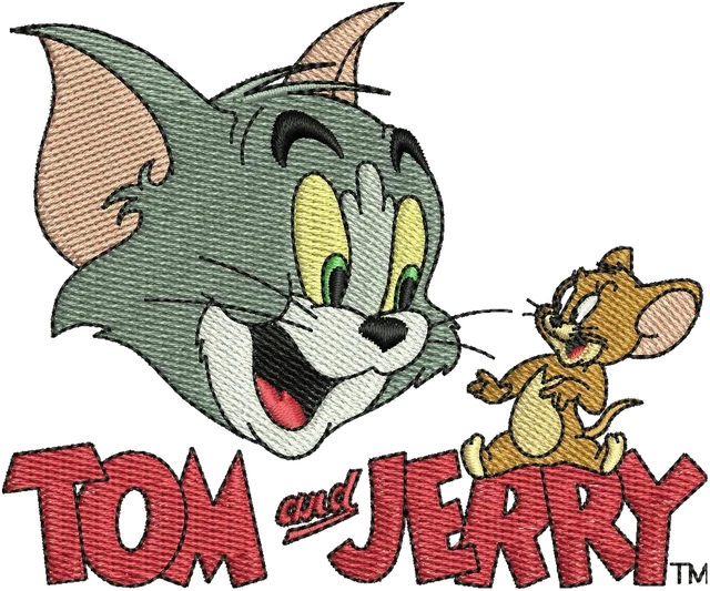 Diseño de bordado Logo Tom and Jerry con rostros y texto 3 sobre tela