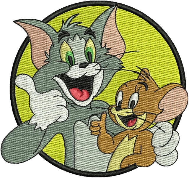 Tom and Jerry Round Yellow Cartoon Badge embroidery design shown stitched on fabric