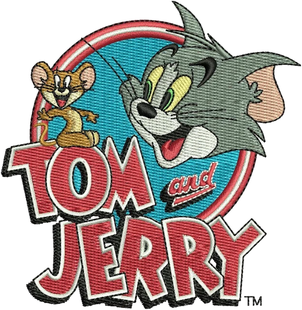 Tom and Jerry circular chase logo 5 embroidery design shown stitched on fabric