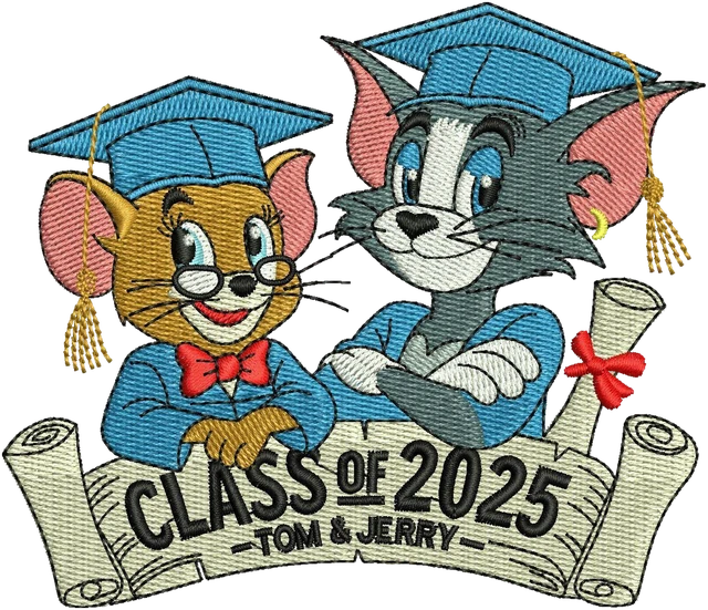 Tom and Jerry Celebrating 2025 Graduation Cartoon Embroidery Design embroidery design shown stitched on fabric